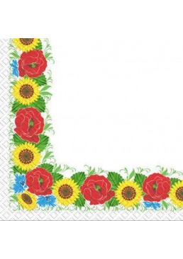 Салфетка Марго Вышивка цветы Подсолнухи и Маки  2 слоя 33х33 см, 50 шт 