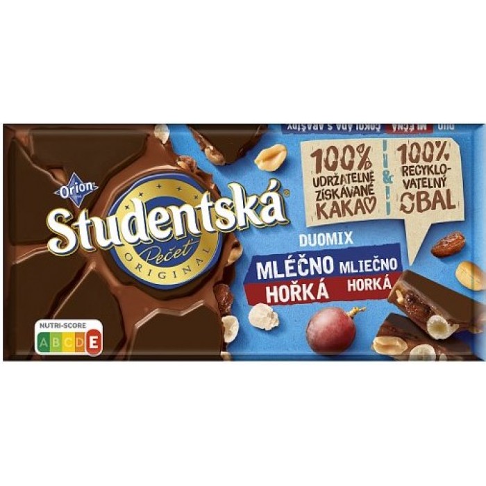 Шоколад Duomix темный и молочный Studentska с арахисом, изюмом и желейными конфетами, 170 г - 