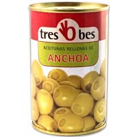 Оливки зеленые  Tres Bes без косточки фаршированные анчоусами, 300 г