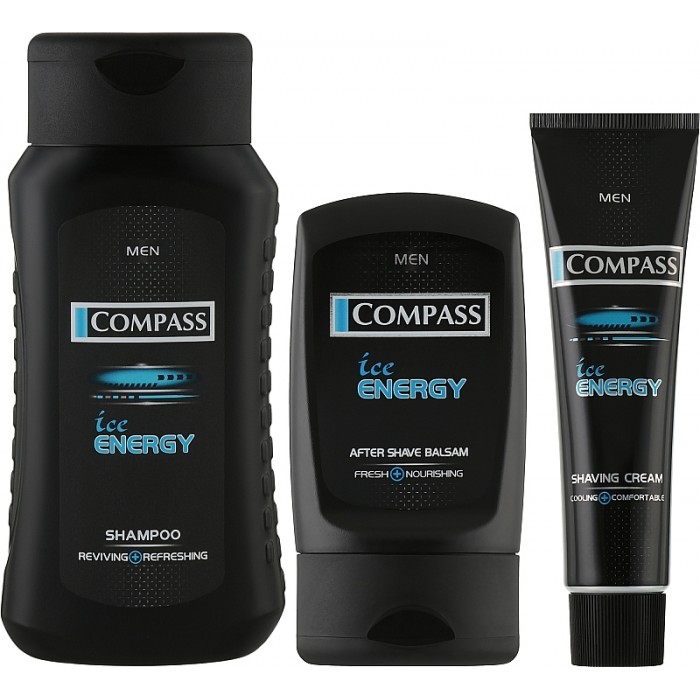 Набор мужской Compass Ice Energy в косметичке (шампунь + крем для бритья + бальзам после бритья) - 