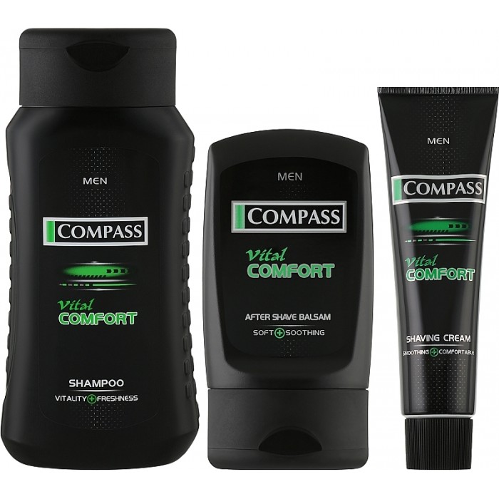 Набор мужской Compass Vital Comfort в косметичке (шампунь+крем для бритья+бальзам после бритья) - 