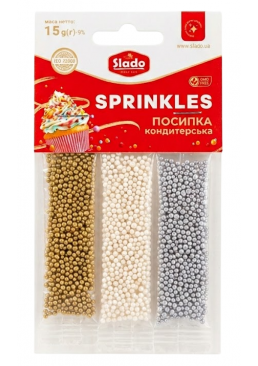 Посыпка кондитерская Slado золотая-белая-серебряная микс, 15 г
