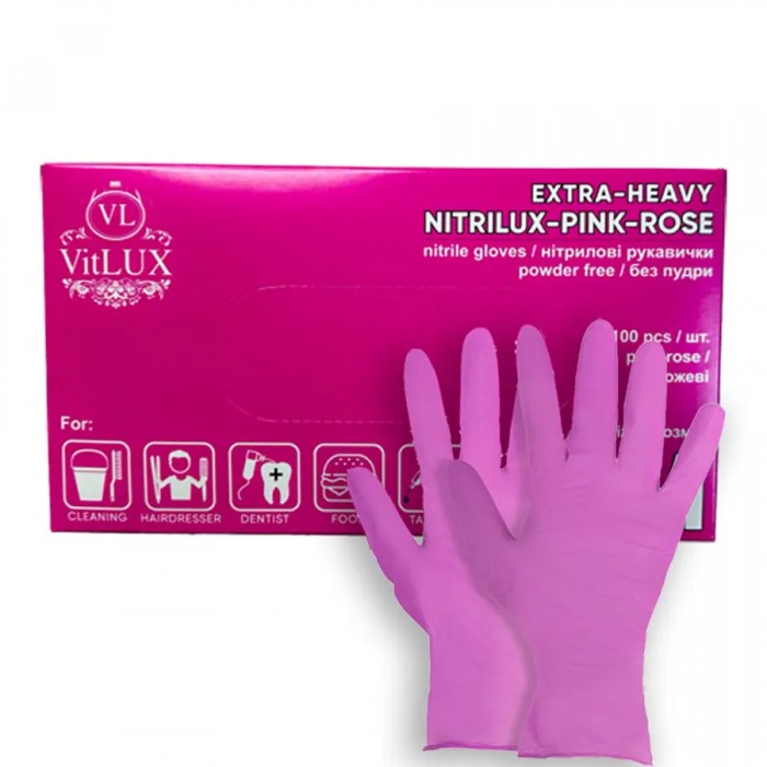 Рукавички нітрилові рожеві VitLux NITRILUX М, 100 шт (806900) - 