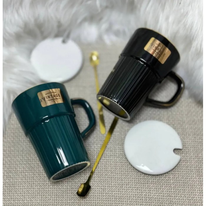 Кружка с крышкой и ложкой "Винтажная", 350 мл -  Кружка с крышкой и ложкой "Винтажная", 350 мл -