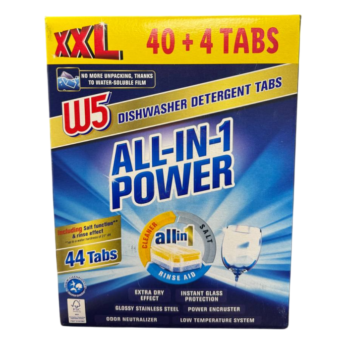 Таблетки для посудомоечных машин W5 All-in-1 Tabs XXl все в одном, 44 шт   - 