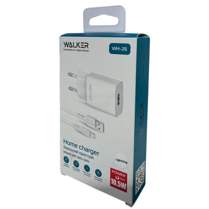 Мережевий зарядний пристрій (адаптер) 2в1 WALKER WH-26 1USB / 2.1A + Lightning white (252917) - 
