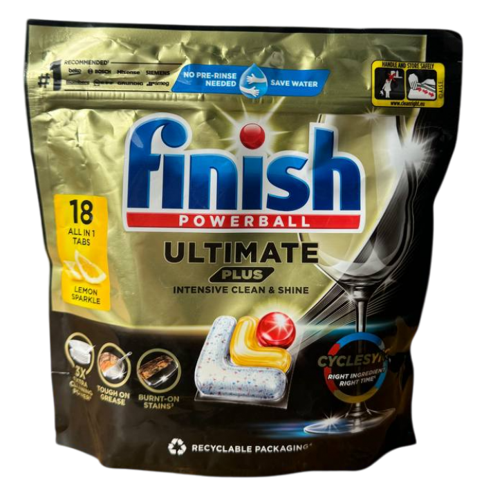 Таблетки для посудомоечной машины Finish Powerball Ultimate Plus Intensive Clean & Shine Lemon Sparkle, 18 шт - 