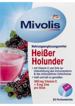 Гарячий напій для профілактики застуд і зміцнення імунітету Mivolis Vitamin C & Zink з бузиною, 20 шт