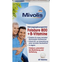 Биологически активная добавка Mivolis фолиевая кислота 800 + витамины В1, В6, В12, 60 шт