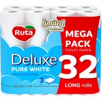 Туалетная бумага Ruta Pure White Deluxe 3 слоя 160 отрывов, 32 рулона 
