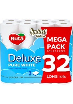 Туалетная бумага Ruta Pure White Deluxe 3 слоя 160 отрывов, 32 рулона 