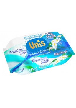 Вологі серветки UNIS із пластиковою кришкою універсальні для всієї родини з екстрактом ромашки, 120 шт